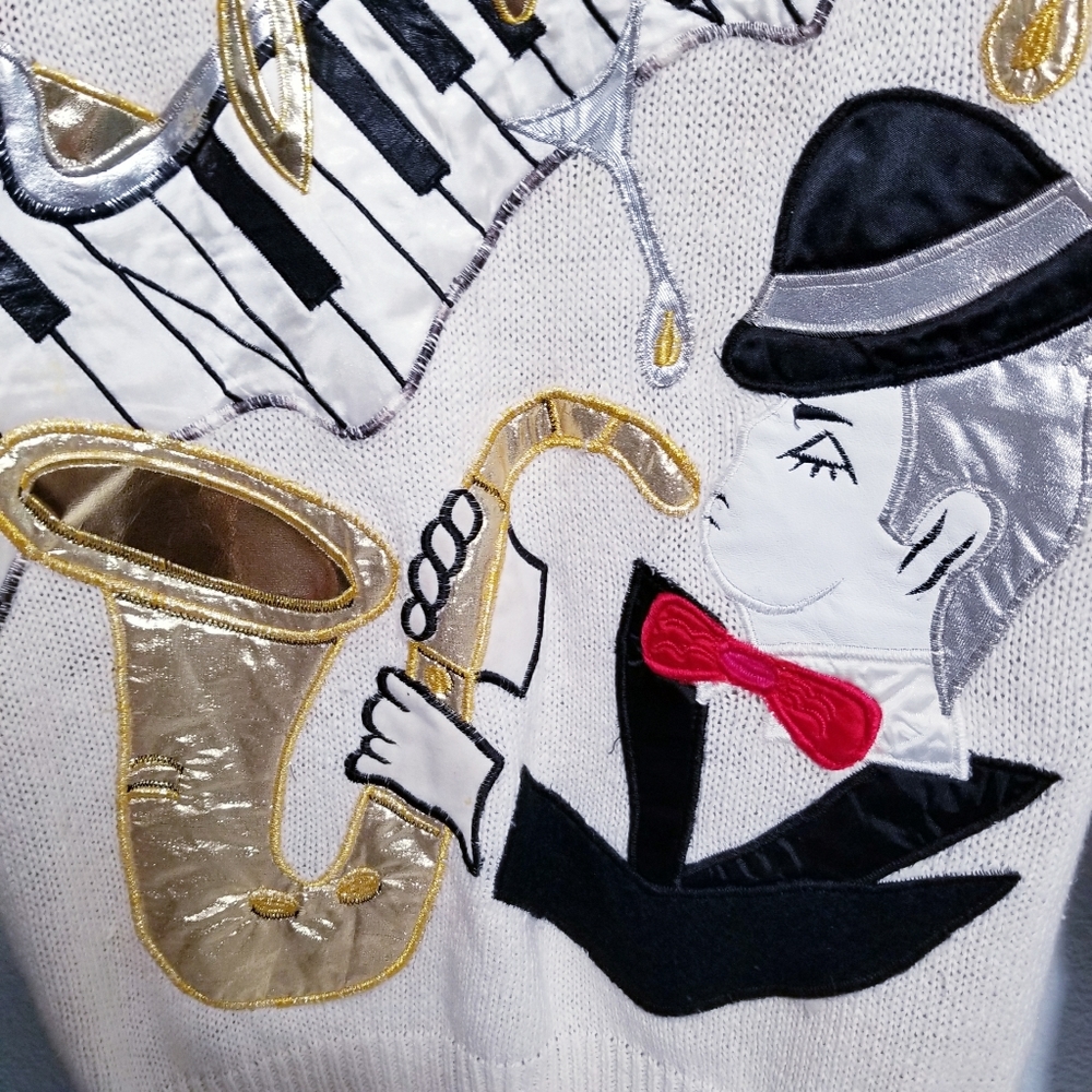 Vintage retro 80's glam JAZZ piano music party gold sweater SMALL - Picture 7 of 10